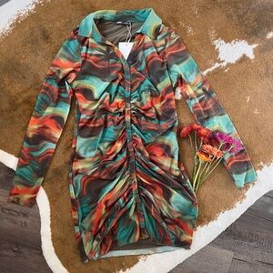 Colorful Long Sleeve Ruched Dress Pull and Bear.